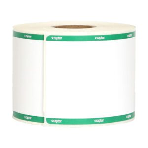 A roll of replacement adhesive badges with a green label
