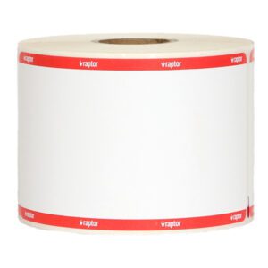 A roll of replacement adhesive badges with a red label